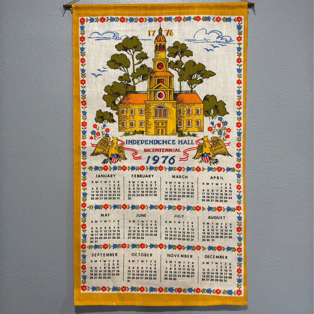 Vintage 1976 Independence Hall Bicentennial Linen Calendar Towel Wall Hanging